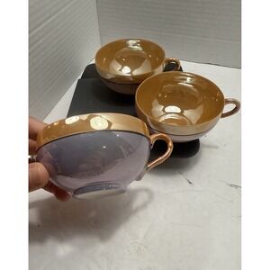 3 Vtg Japanese Style Hand Painted Blue & Peach Iridescent Lusterware Tea Cups‎